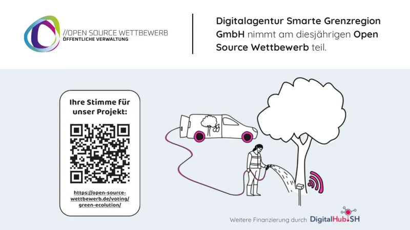 Detail of the application sheet with the QR code for voting and an illustration of a person watering a tree fitted with a radio sensor