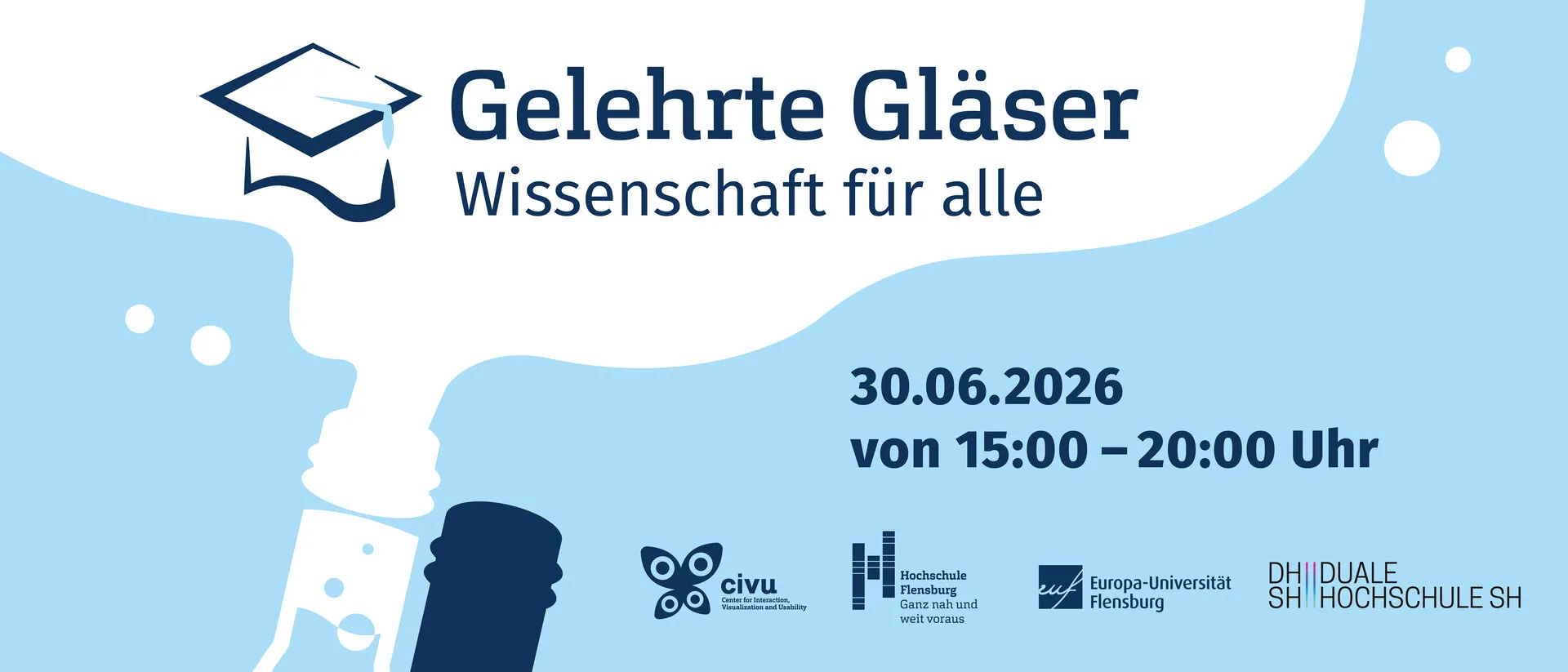 Banner of the Gelehrte Gläser 2026 with the motto science for everyone, the date 30 June 2026 and the logos of the participating universities