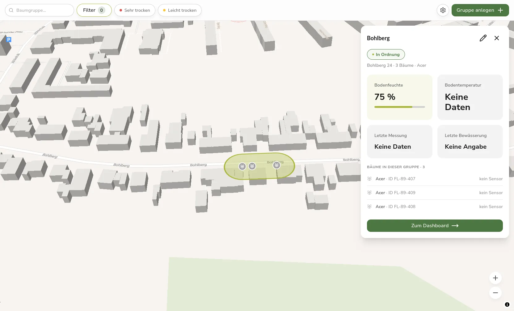 Detail panel of an irrigation group with metrics and tree list at the right edge of the screen