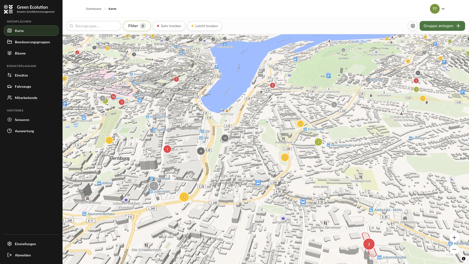 The new map with irrigation groups as markers in the zoomed-out view