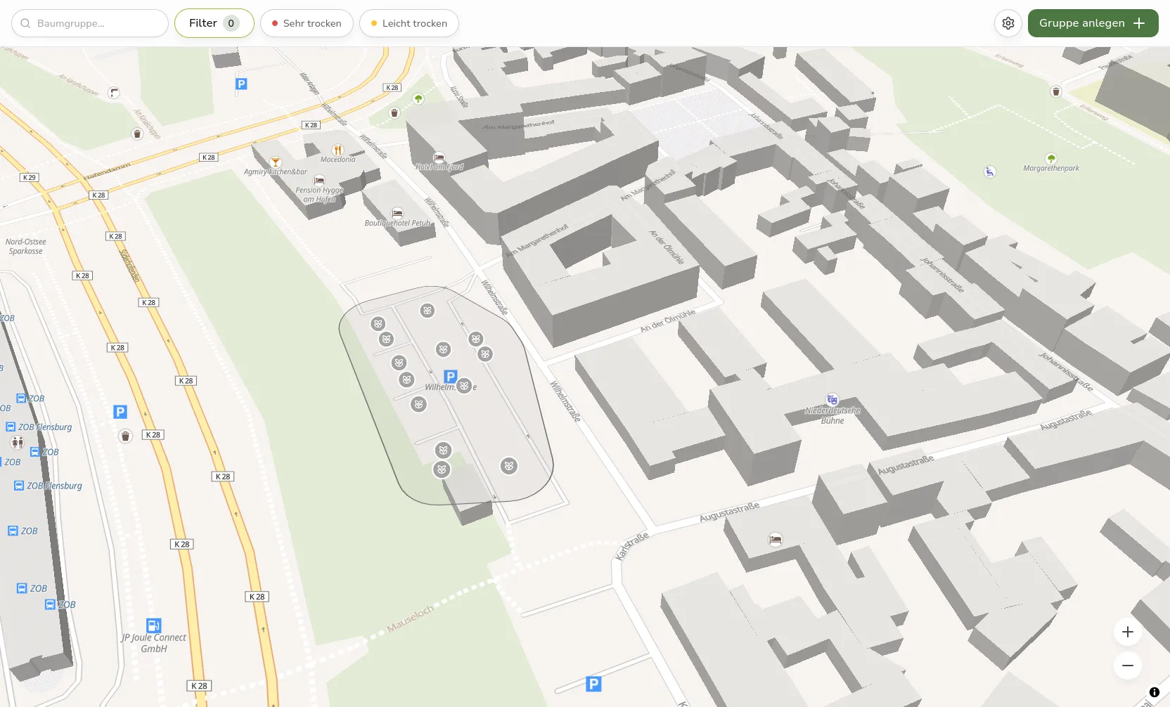 Zoomed-in map view with individual trees and the outline of their irrigation group
