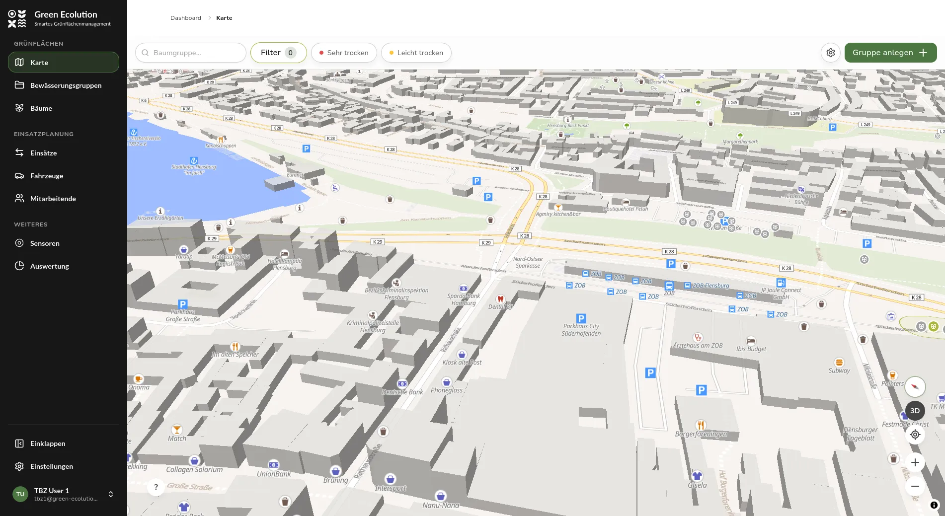 Tilted 3D view of the map with the new map controls on the right edge