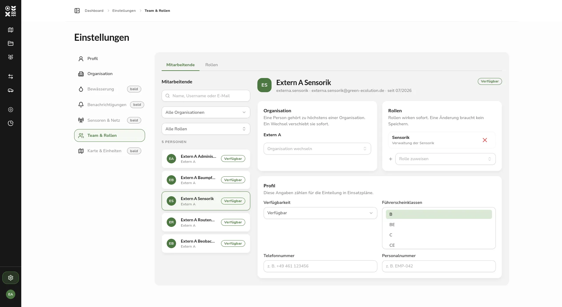 Staff management: the person list with a search field and filters for organization and role on the left, the cards for organization, roles, and profile on the right
