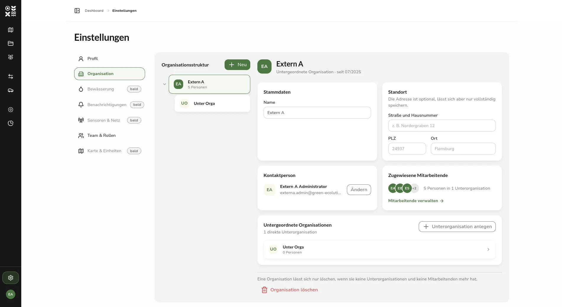 Organization management with the organization structure on the left and cards for basic data, location, contact person, assigned staff, and subordinate organizations on the right