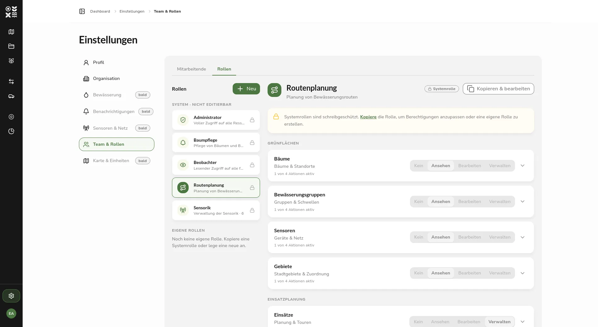 Role management in the settings: the list of system roles on the left, the permissions of the Route Planning role grouped by area on the right, each with the levels None, View, Edit, and Manage