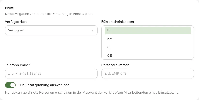 Profile card in the staff management with availability, driving license classes, phone number, personnel number, and the enabled switch for selectability in operations planning