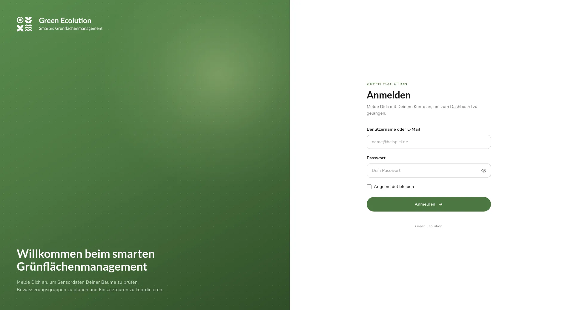 Login page with a green brand panel on the left and the form for username and password on the right