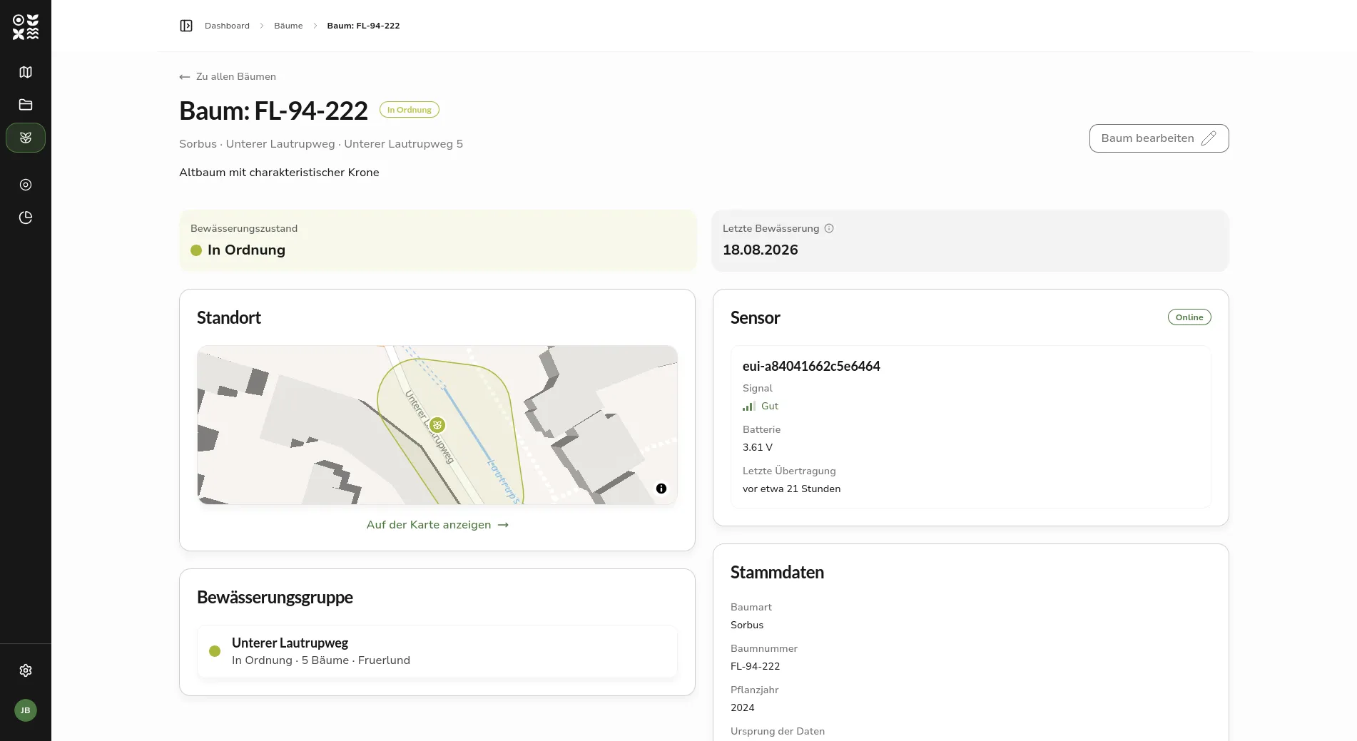 Detail page of a tree with its irrigation status, the date of the last irrigation and the cards for location, irrigation group, sensor and master data