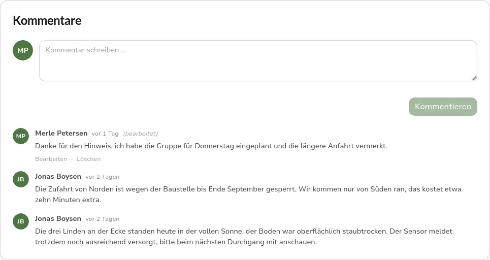 Comment section of an irrigation group with an input field and three entries from two people, the most recent reply marked as edited