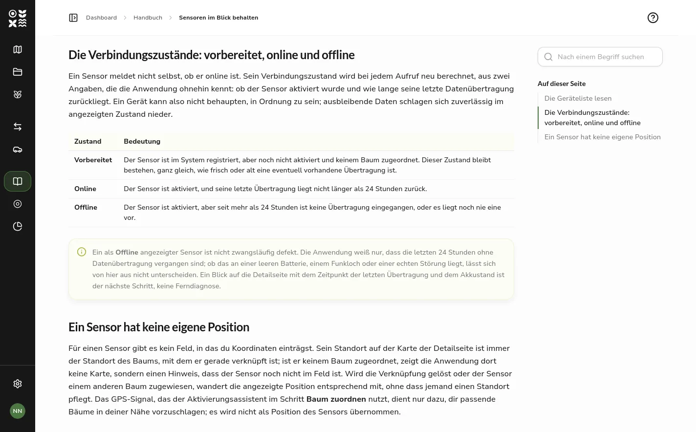 A handbook chapter inside the application, with the search field and the chapter outline in the right-hand column