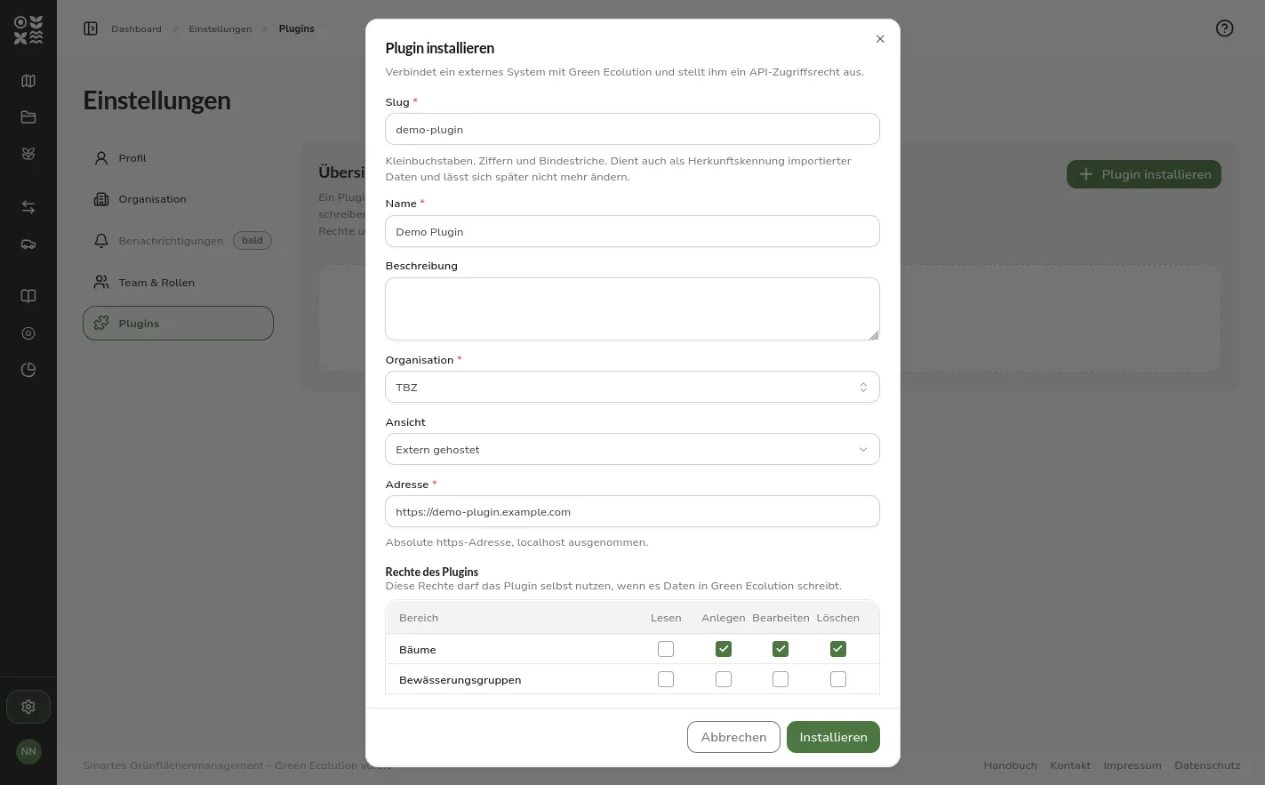 The plugin install dialog with slug, name, organization, an externally hosted address and the permission matrix of the plugin itself