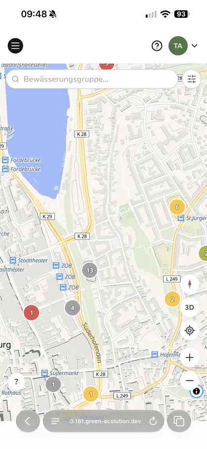 The map in Safari on an iPhone, with the search field above the map and the map extending behind the address bar